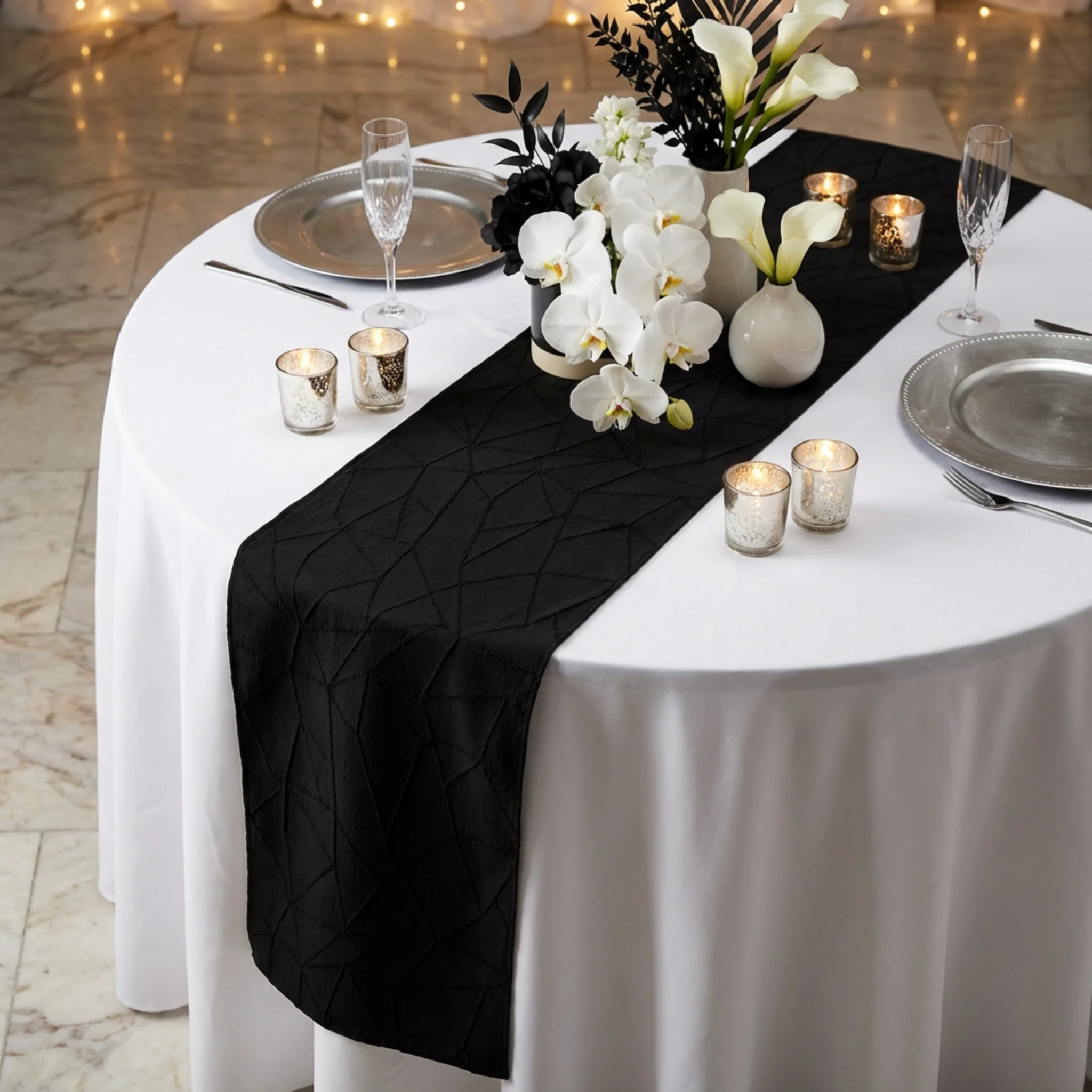 Embossed Geometric Jacquard Table Runner - Black - Image 2