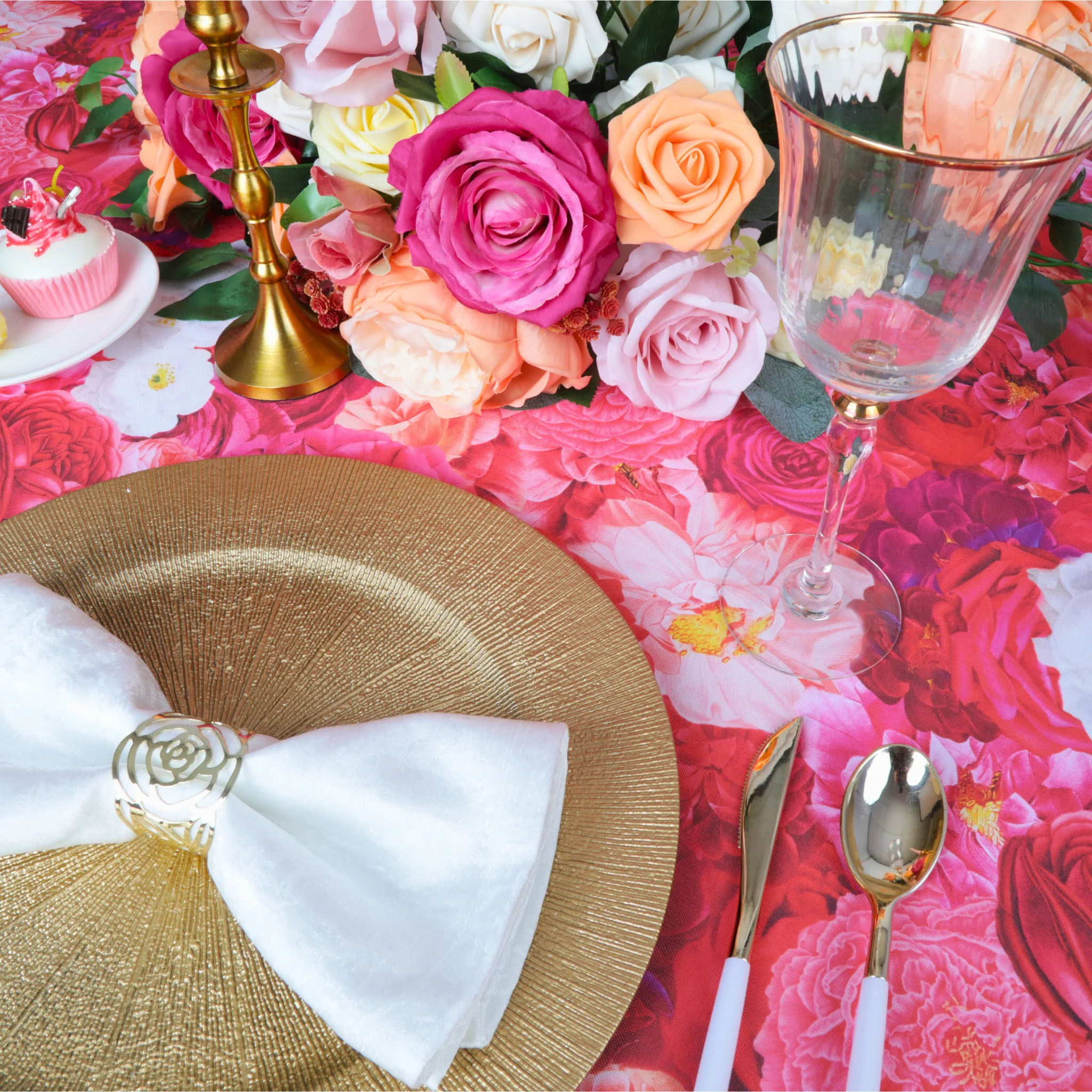 Floral Peony Roses 90"x132" Rectangular Tablecloth - Fuchsia - Image 3