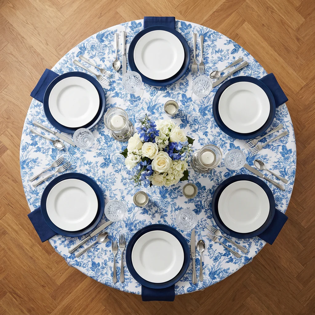 French Toile 108" Round Tablecloth - Blue - Image 3