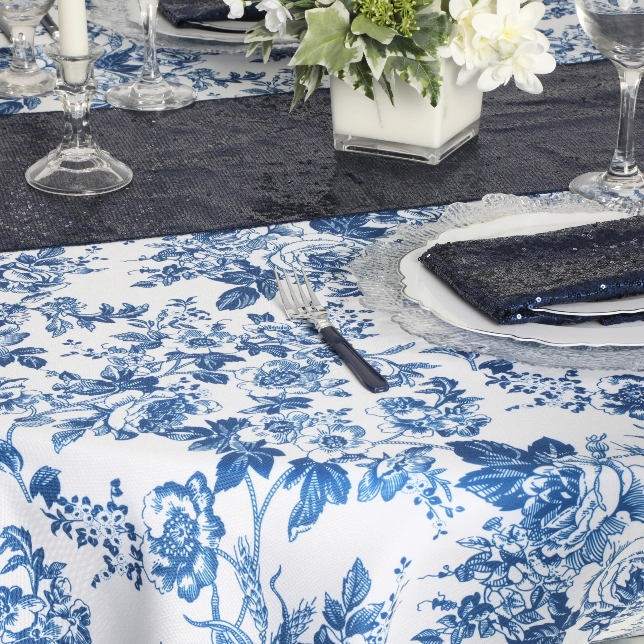French Toile 108" Round Tablecloth - Blue - Image 4
