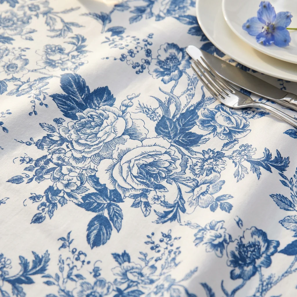 French Toile 108" Round Tablecloth - Blue - Image 7