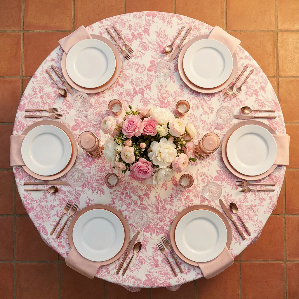 French Toile 108" Round Tablecloth - Pink - Image 3