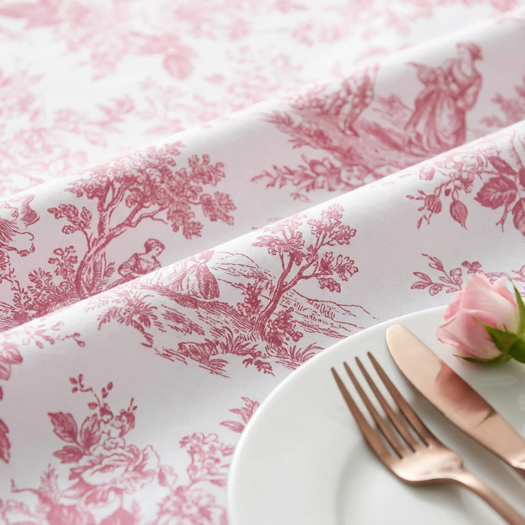 French Toile 108" Round Tablecloth - Pink - Image 5