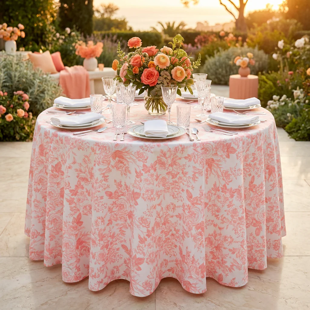 French Toile 120" Round Tablecloth - Coral - Image 2