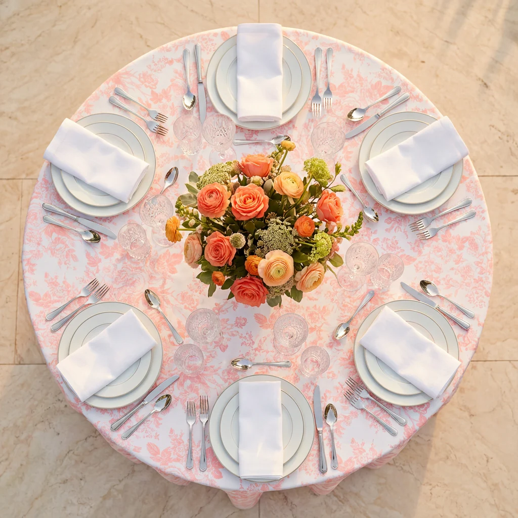 French Toile 120" Round Tablecloth - Coral - Image 3