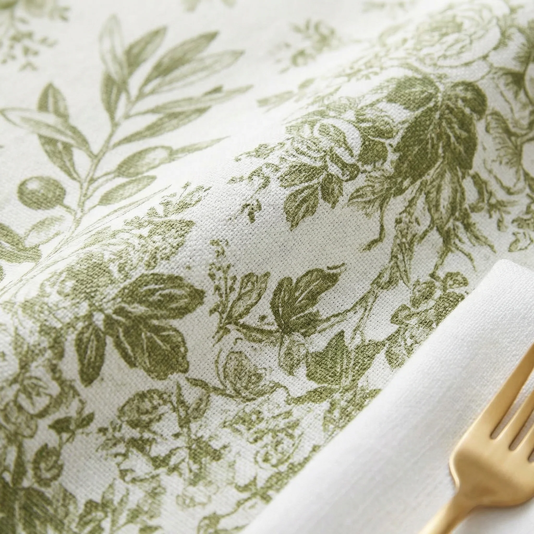 French Toile 120" Round Tablecloth - Olive Green - Image 4