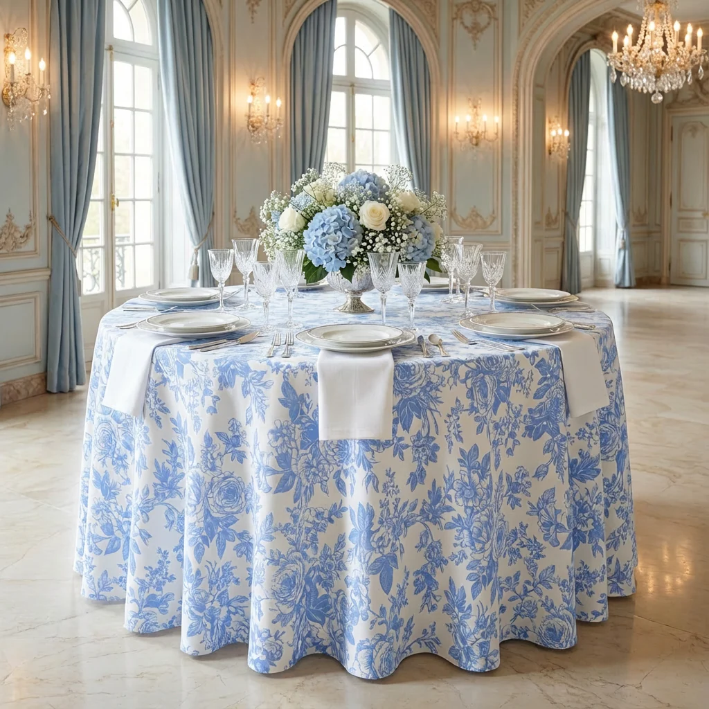 French Toile 132" Round Tablecloth - Baby Blue - Image 2