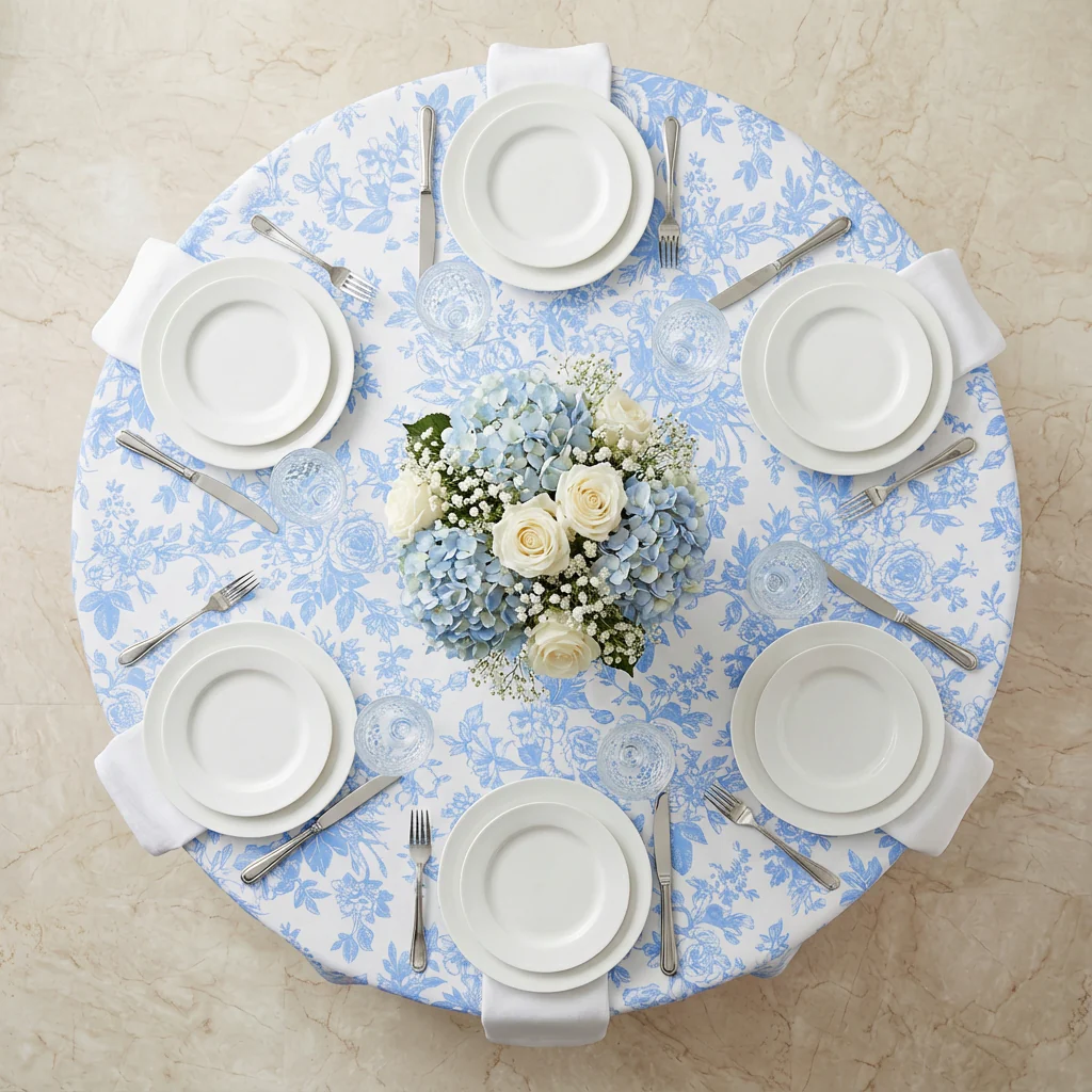 French Toile 132" Round Tablecloth - Baby Blue - Image 3