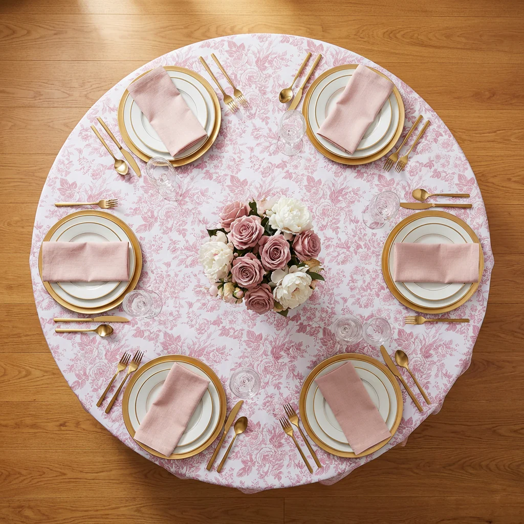 French Toile 132" Round Tablecloth - Dusty Rose/Mauve - Image 5