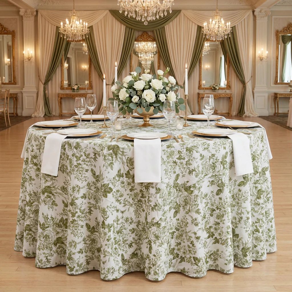 French Toile 132" Round Tablecloth - Olive Green - Image 2