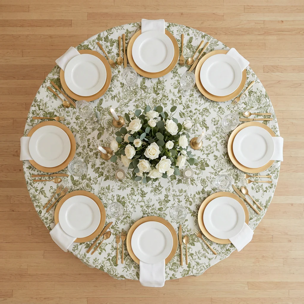 French Toile 132" Round Tablecloth - Olive Green - Image 3