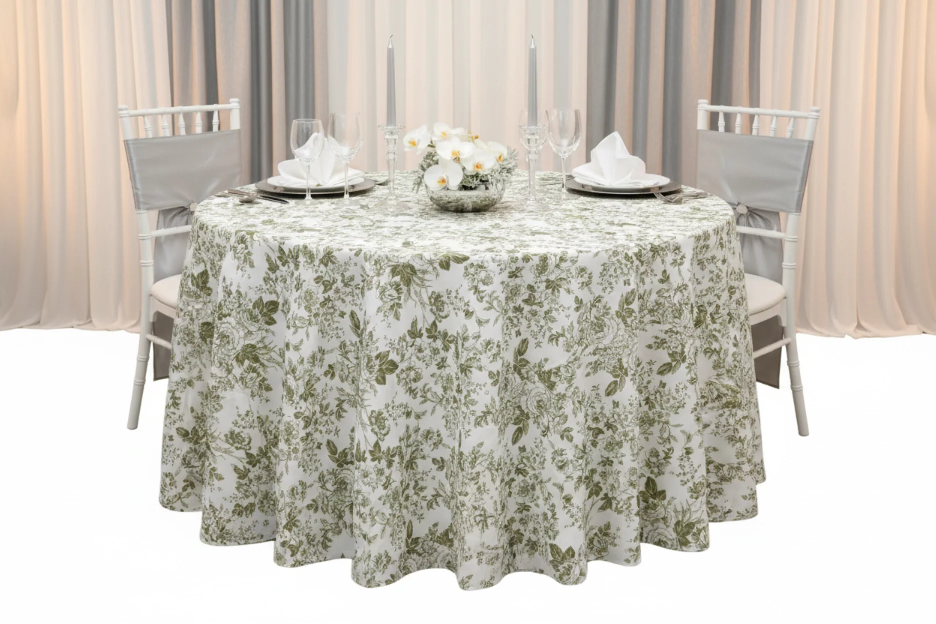 French Toile 132" Round Tablecloth - Olive Green - Image 6
