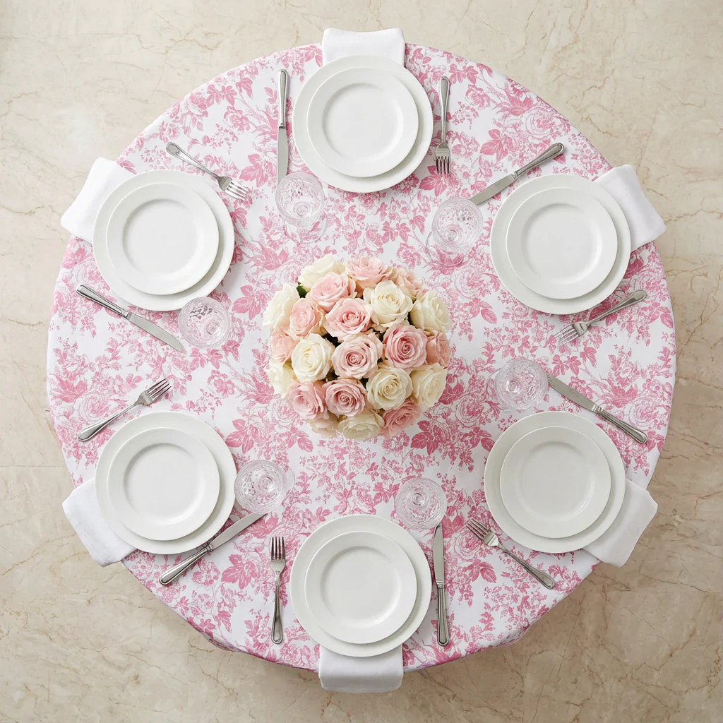 French Toile 132" Round Tablecloth - Pink - Image 3