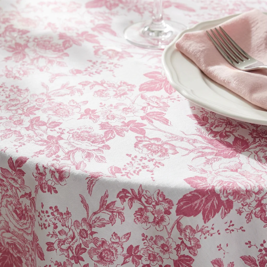French Toile 132" Round Tablecloth - Pink - Image 4