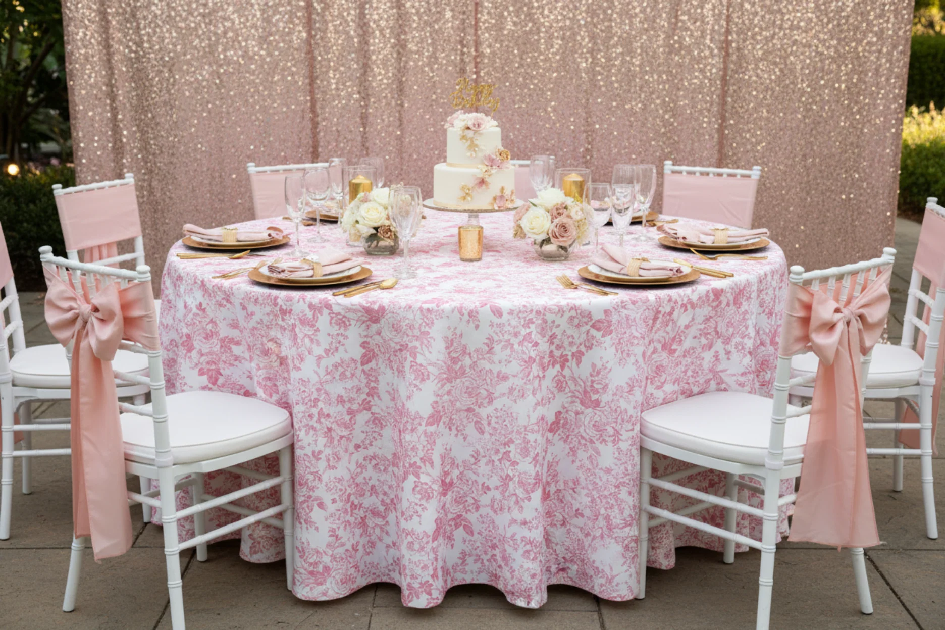 French Toile 132" Round Tablecloth - Pink - Image 5