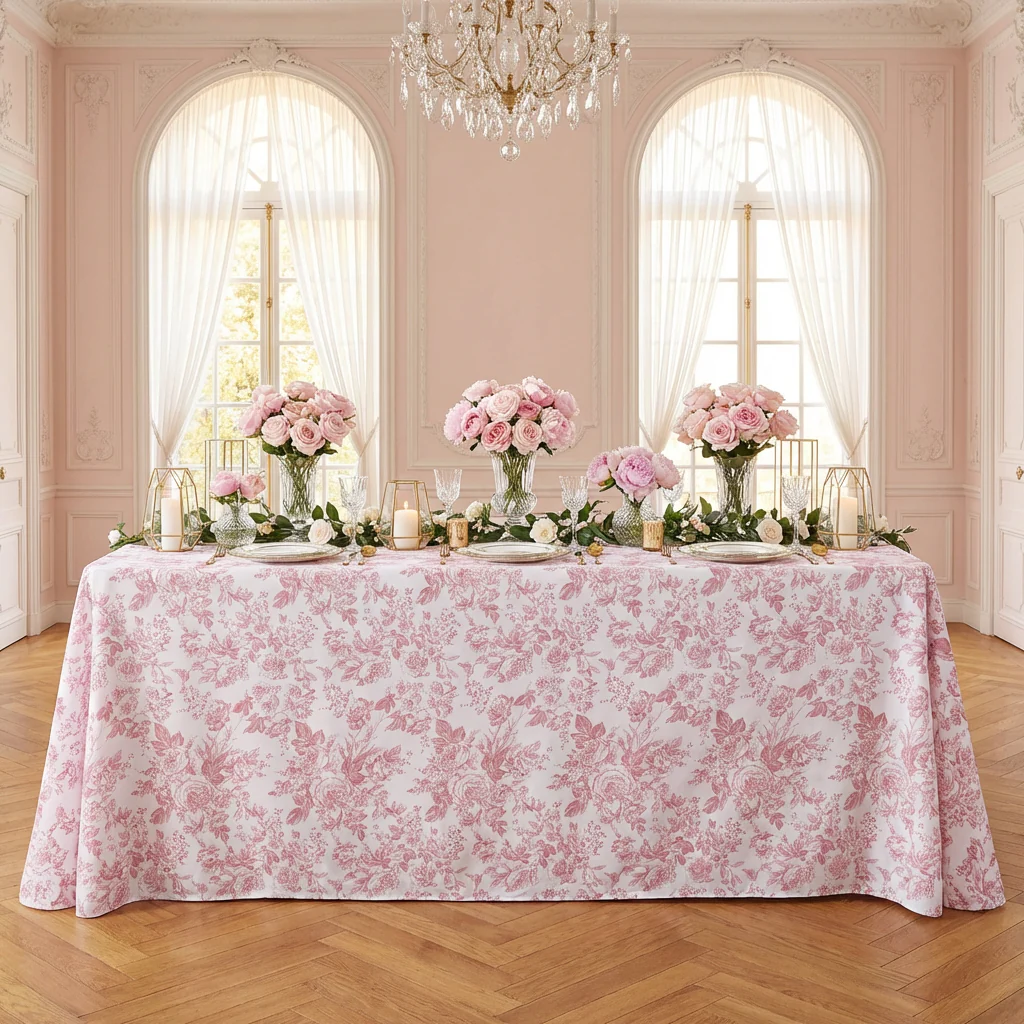 French Toile 90"x156" Rectangular Tablecloth - Dusty Rose/Mauve - Image 2
