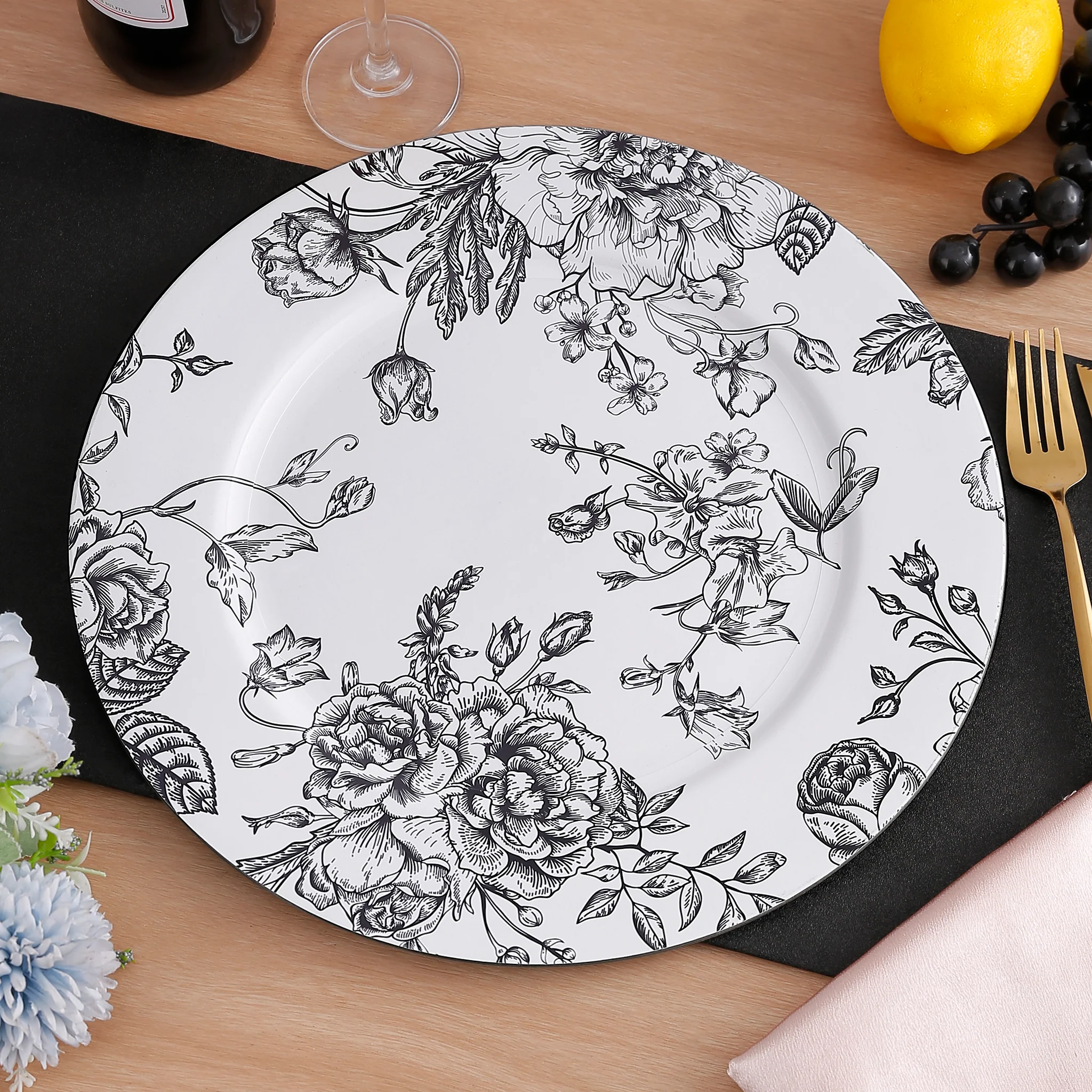 French Toile Acrylic Charger Plate - Black - Image 3