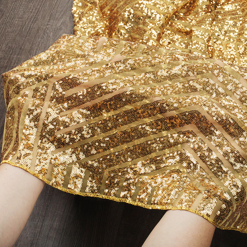 Geometric Glitz Art Deco Sequin Tablecloth 120" Round - Gold - Image 4