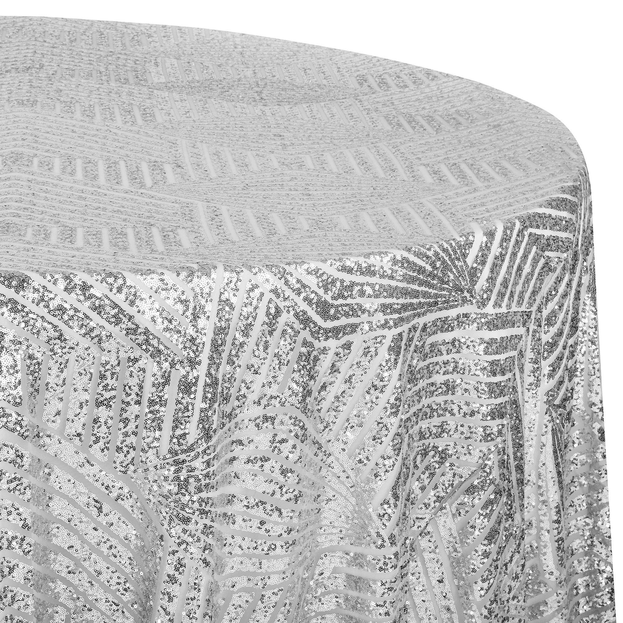 Geometric Glitz Art Deco Sequin Tablecloth 120" Round - Silver - Image 2