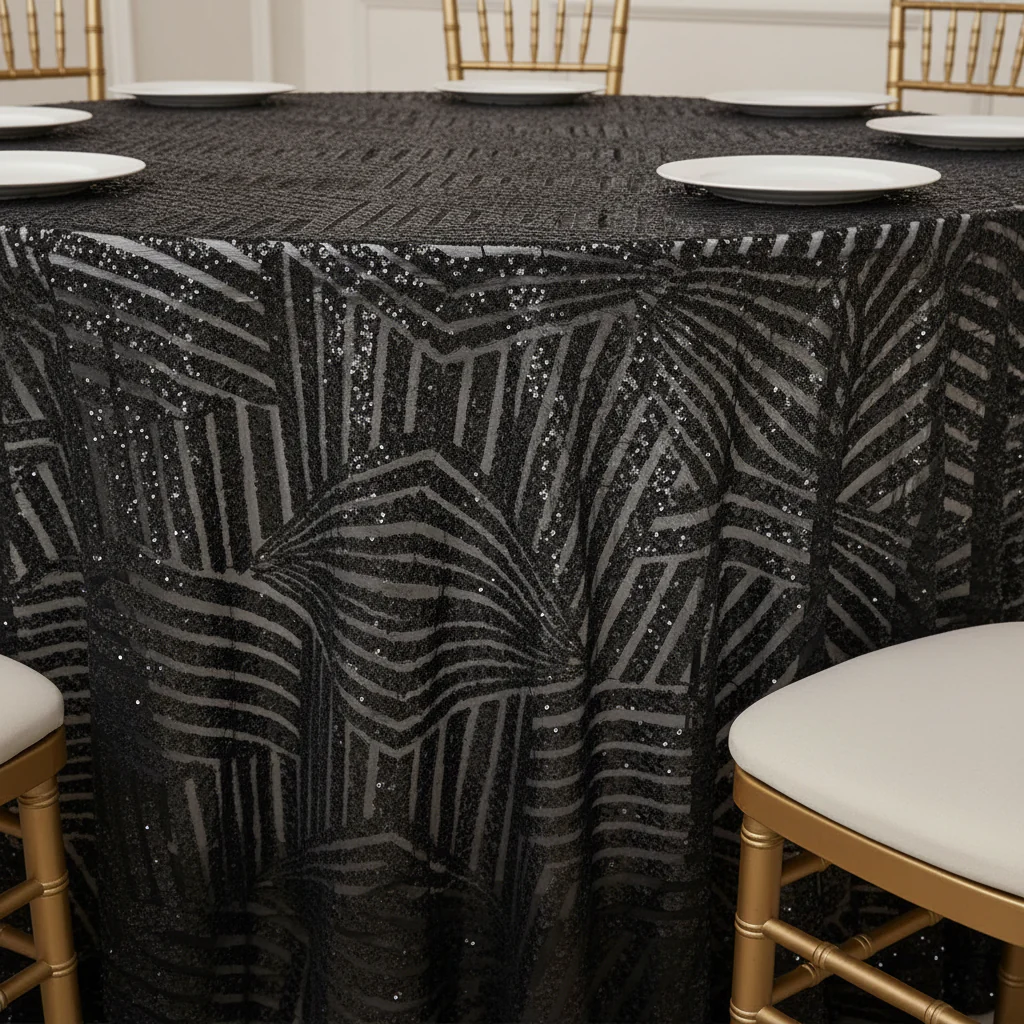 Geometric Glitz Art Deco Sequin Tablecloth 132" Round - Black - Image 3