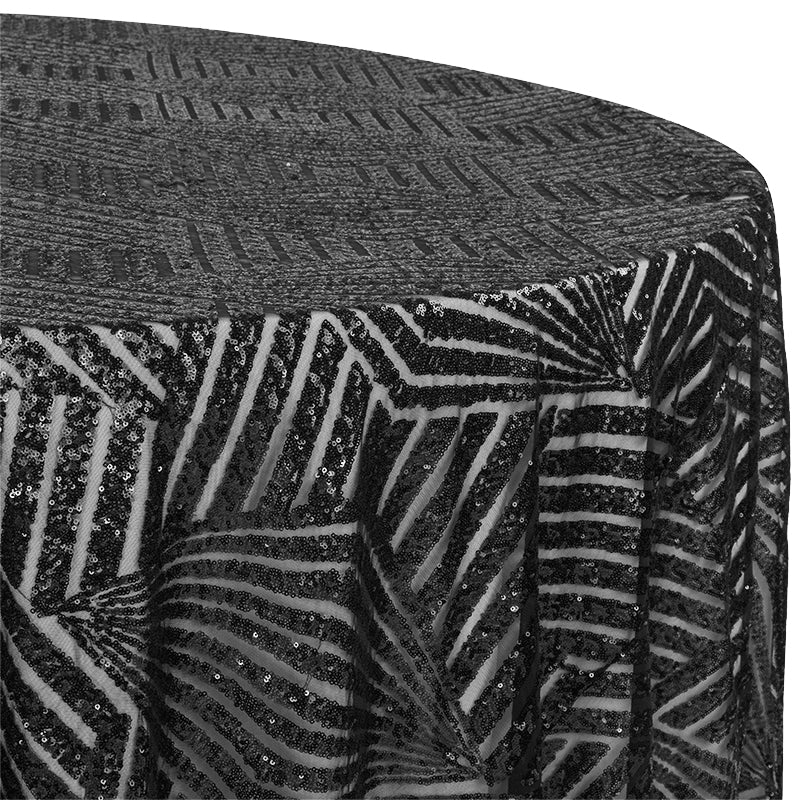 Geometric Glitz Art Deco Sequin Tablecloth 132" Round - Black - Image 6