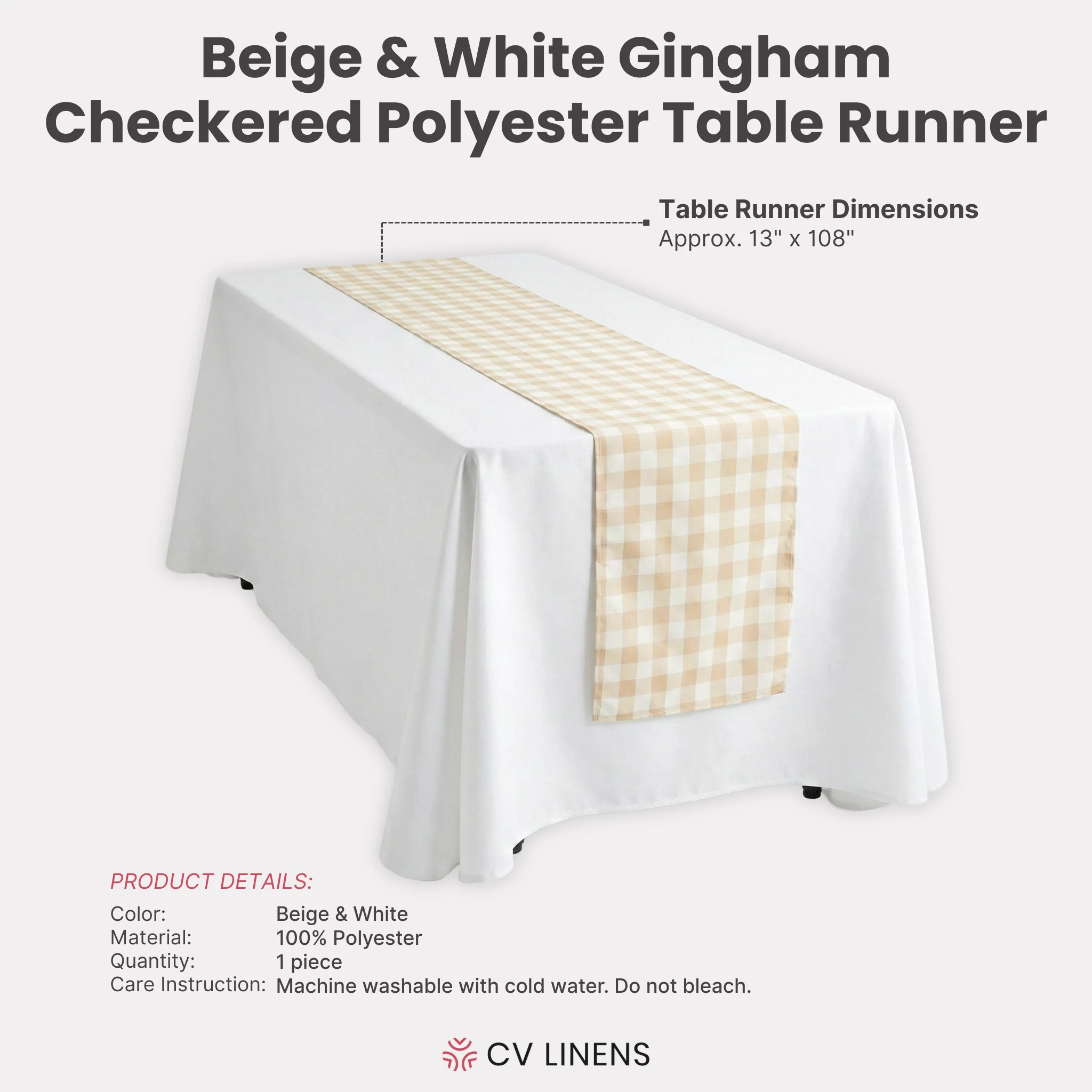 Gingham Checkered Polyester Table Runner - Beige & White - Image 3