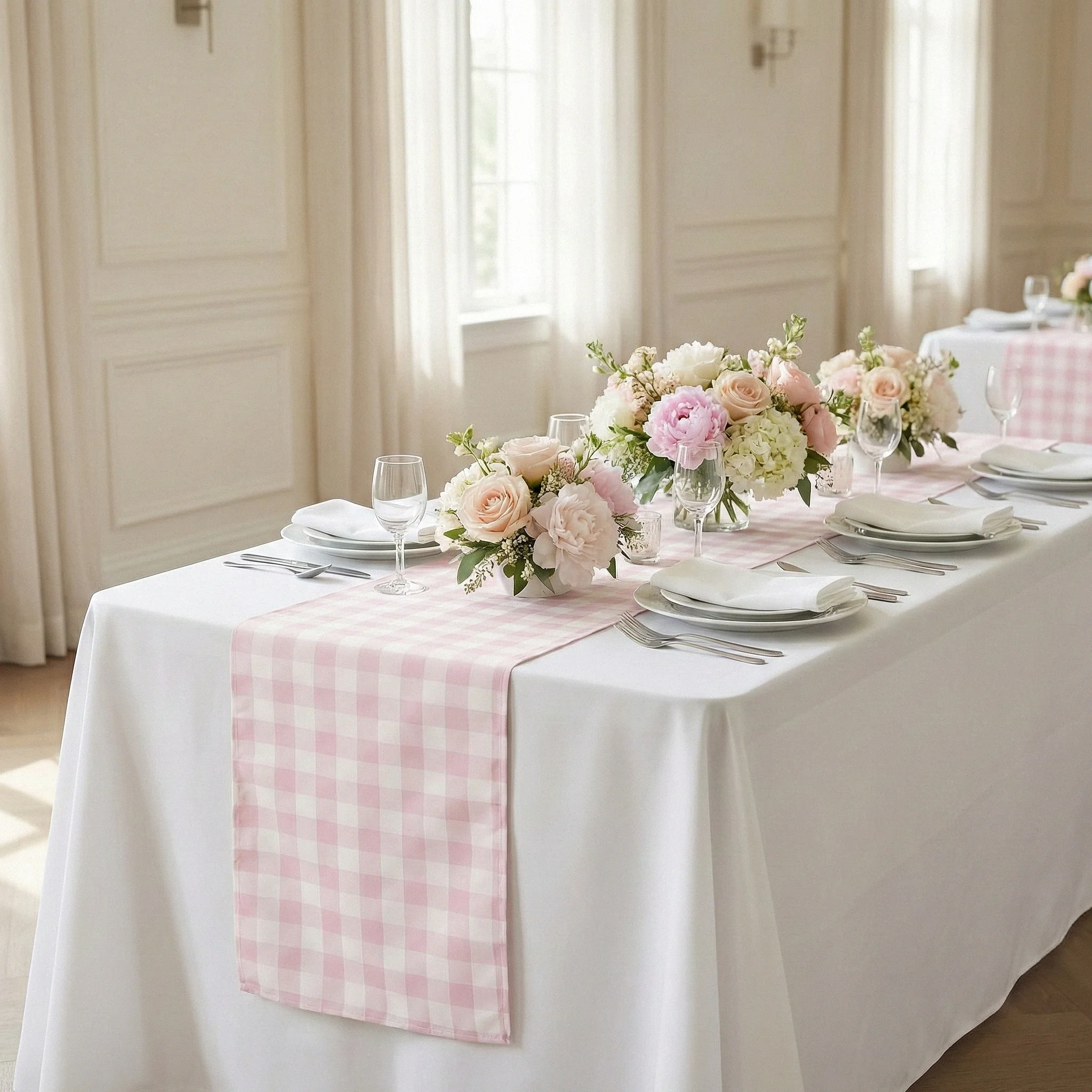 Gingham Checkered Polyester Table Runner - Pink & White - Image 5