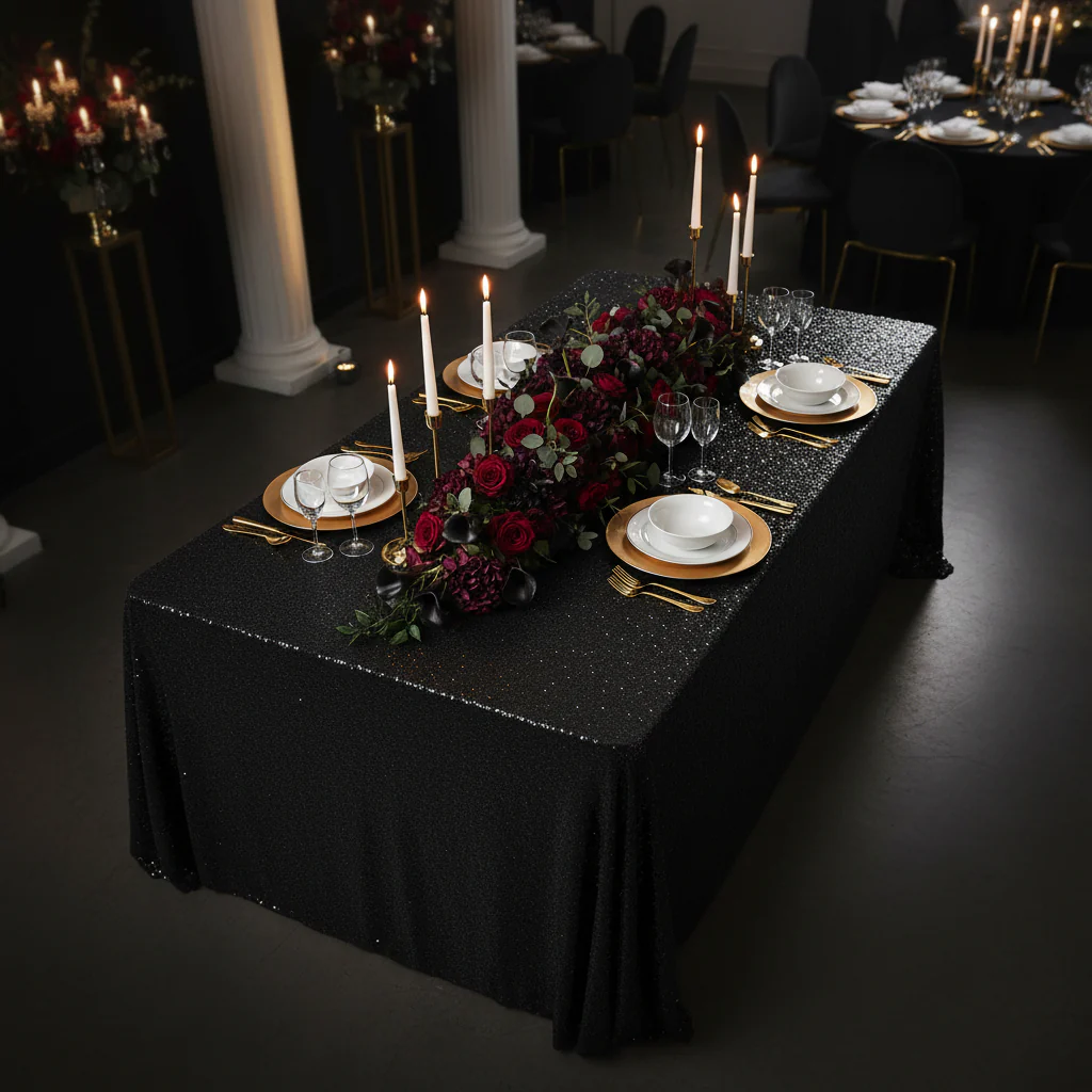 Glitz Sequin 90"x132" Rectangular Tablecloth - Black - Image 2