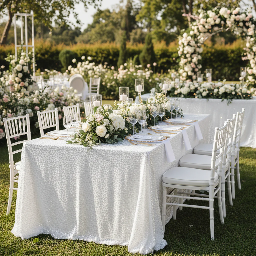 Glitz Sequin 90"x156" Rectangular Tablecloth - White - Image 2