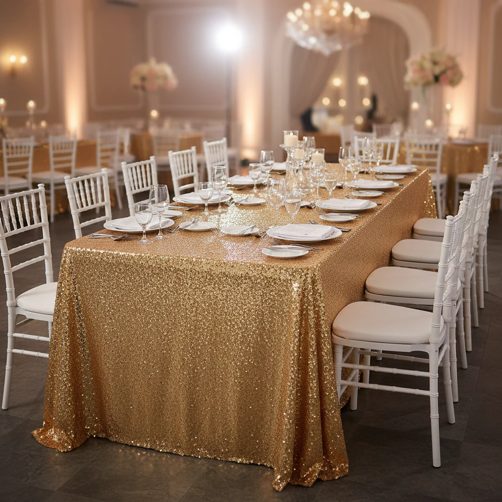 Glitz Sequin Mesh Net Tablecloth 90"x156" Rectangular - Gold - Image 2