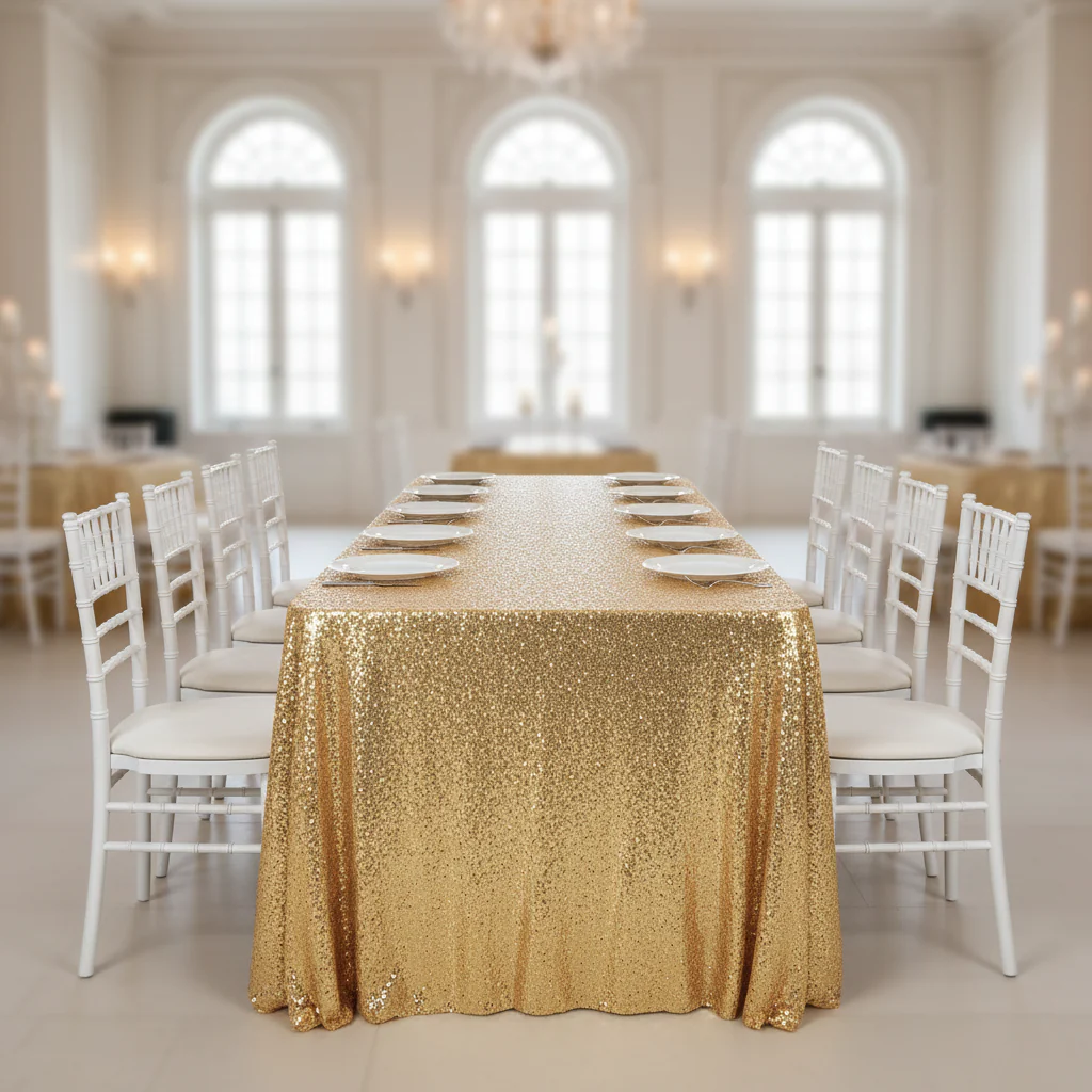 Glitz Sequin Mesh Net Tablecloth 90"x156" Rectangular - Gold - Image 3
