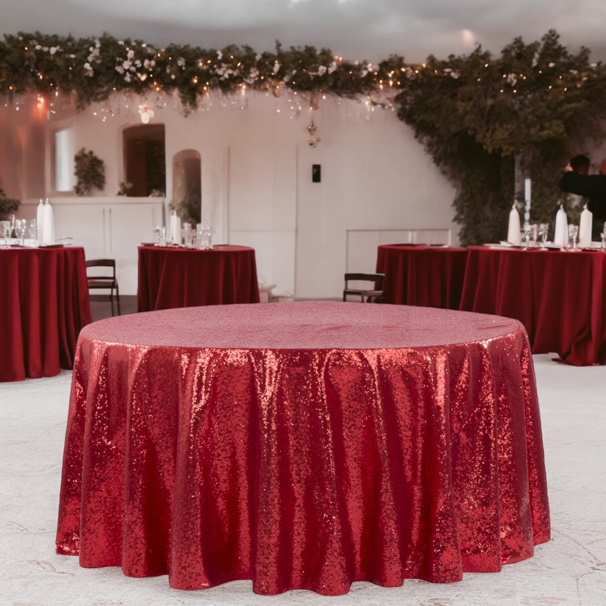 Glitz Sequins 120" Round Tablecloth - Red - Image 2