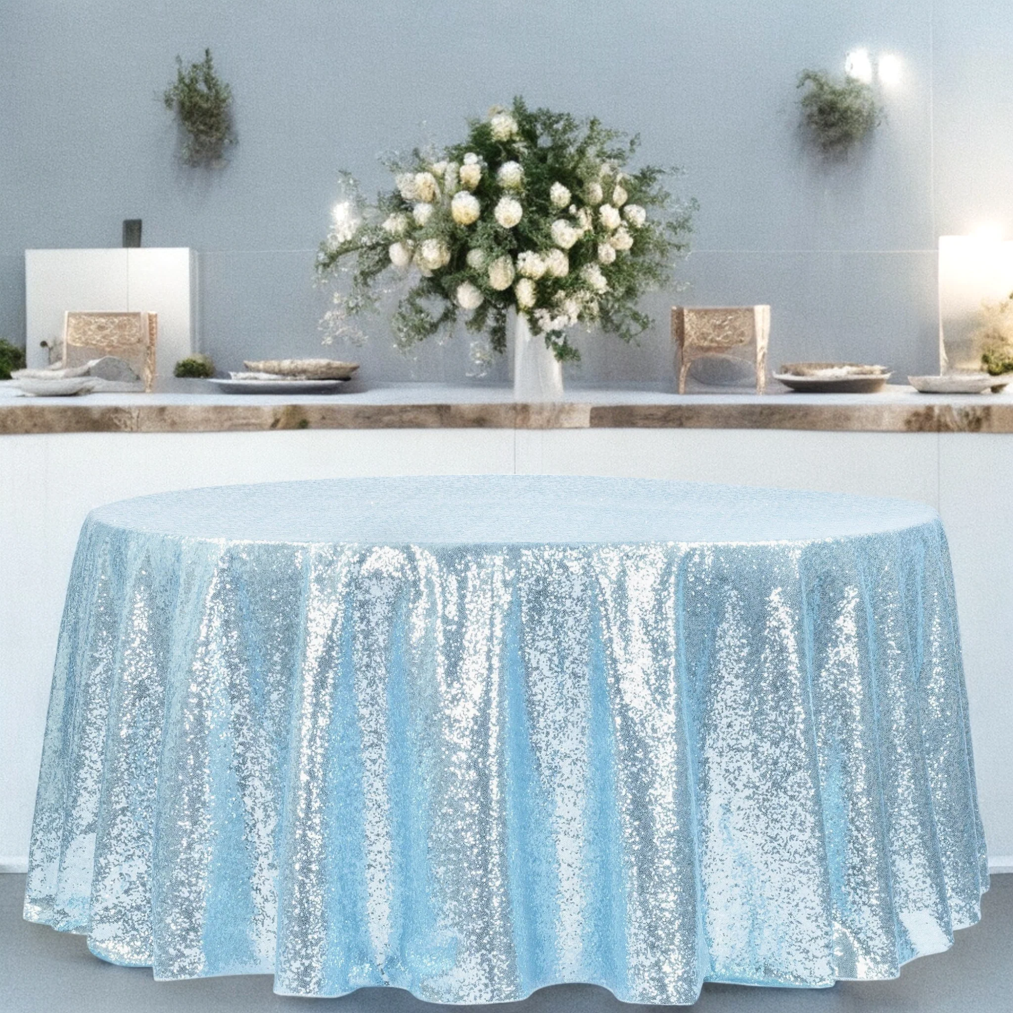 Glitz Sequins 132" Round Tablecloth - Baby Blue - Image 2