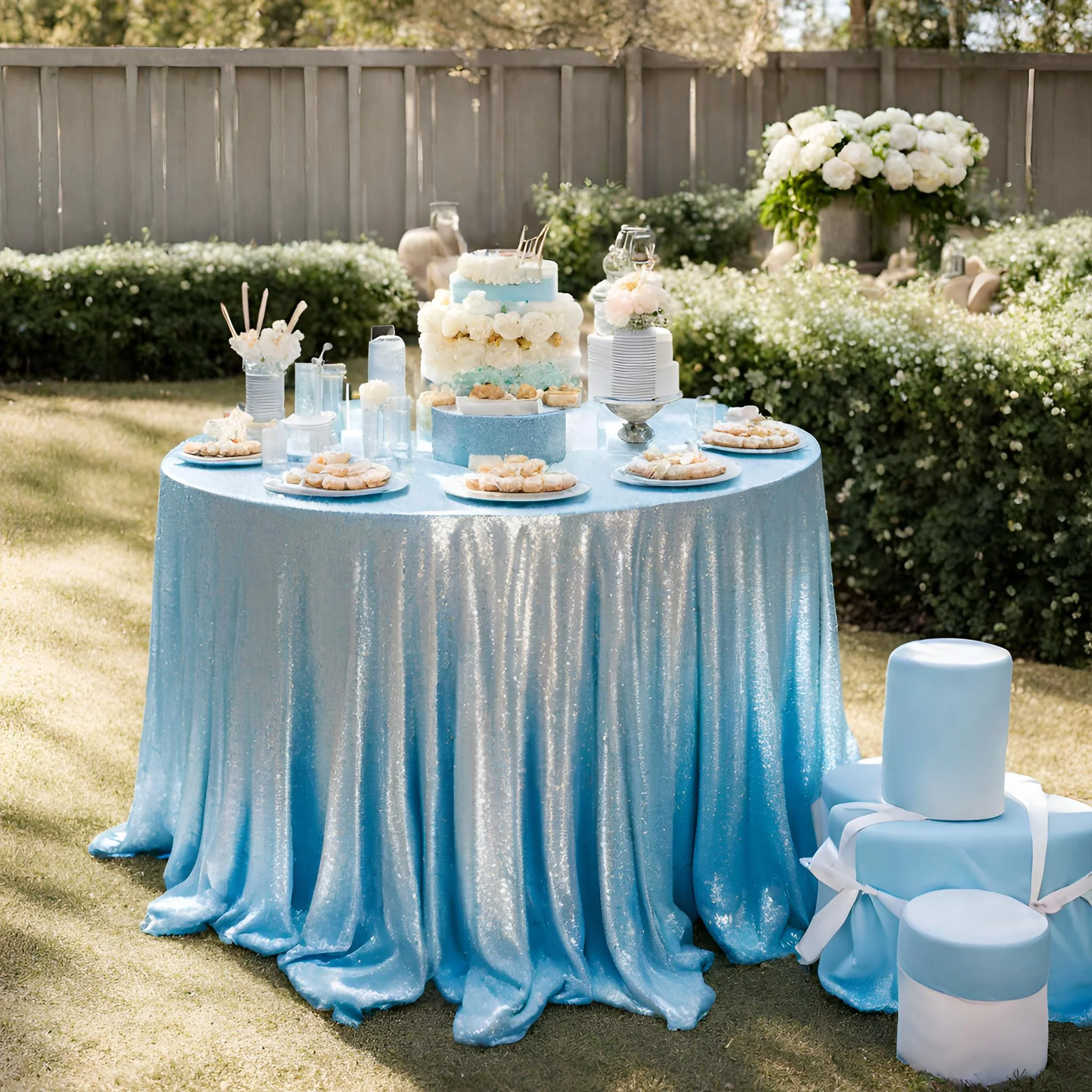 Glitz Sequins 132" Round Tablecloth - Baby Blue - Image 3