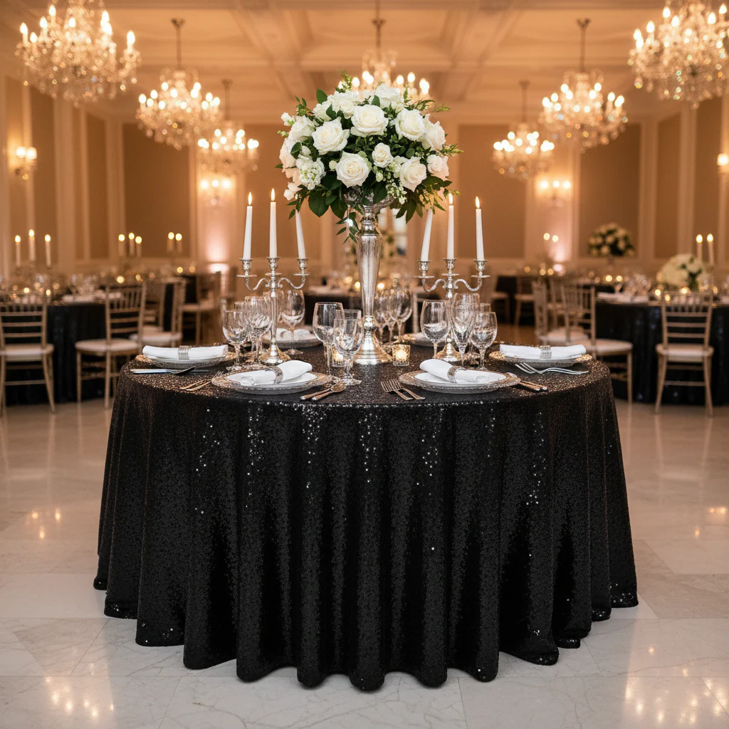 Glitz Sequins 132" Round Tablecloth - Black - Image 2