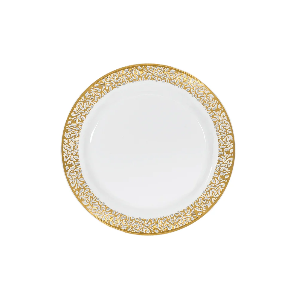 Lace Plastic Plates 7.5" Small (10/pk) - White Gold-Trimmed