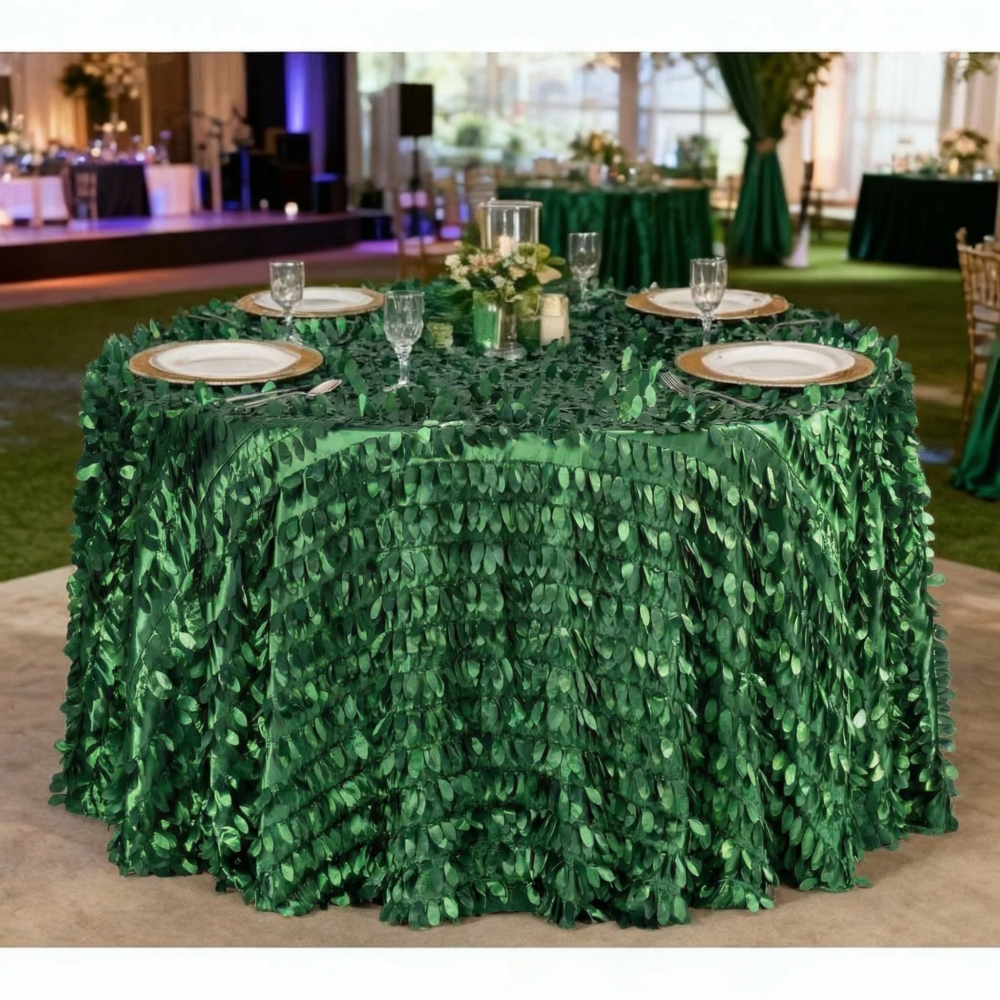 Leaf Petal Taffeta Round 120" Tablecloth - Emerald Green - Image 2