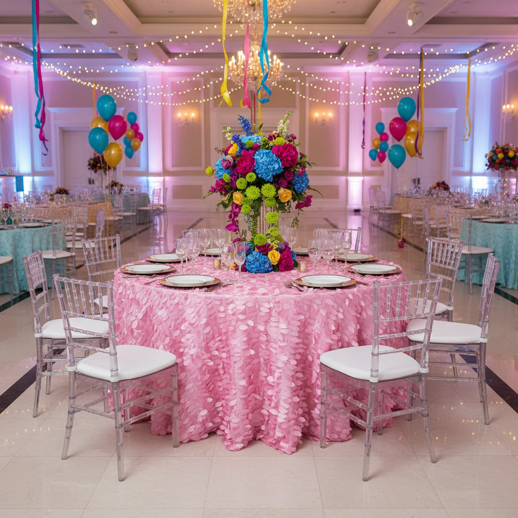 Leaf Petal Taffeta Round 120" Tablecloth - Pink - Image 2