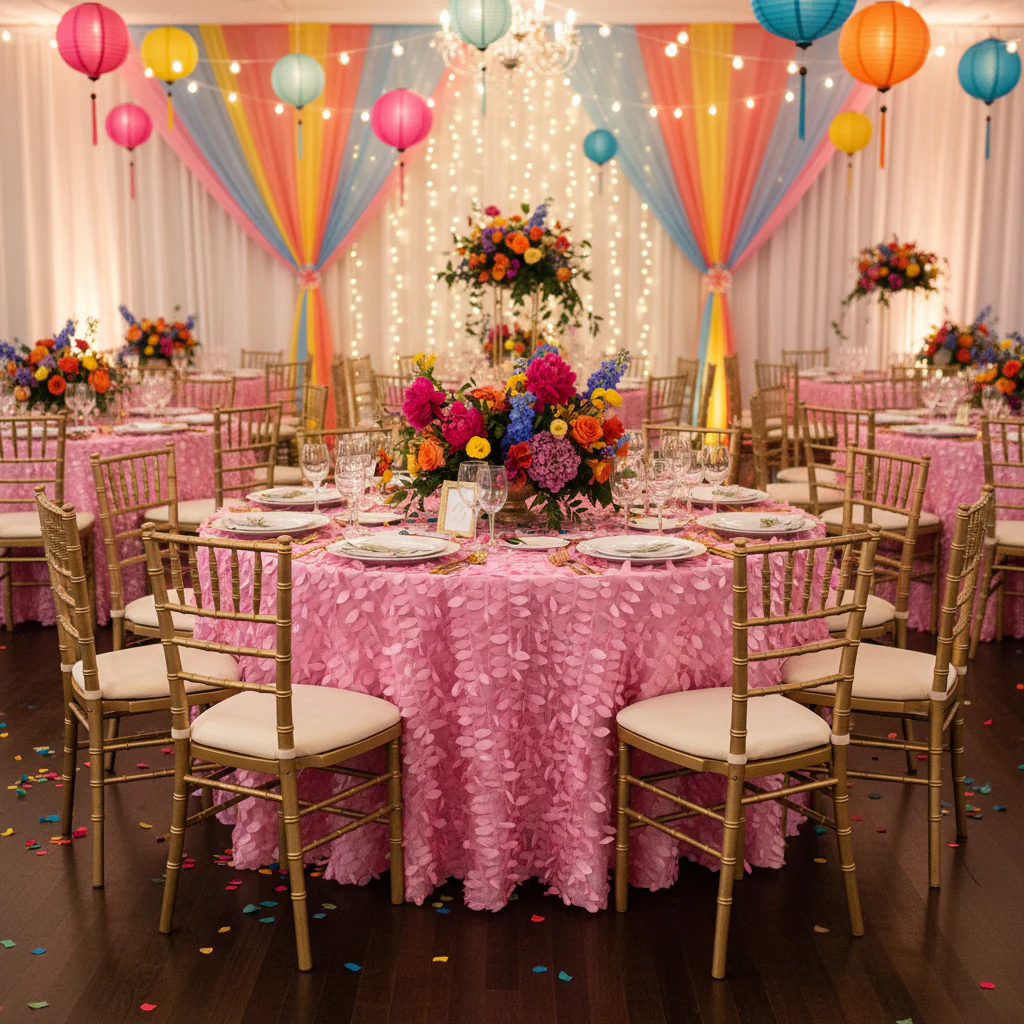 Leaf Petal Taffeta Round 120" Tablecloth - Pink - Image 3