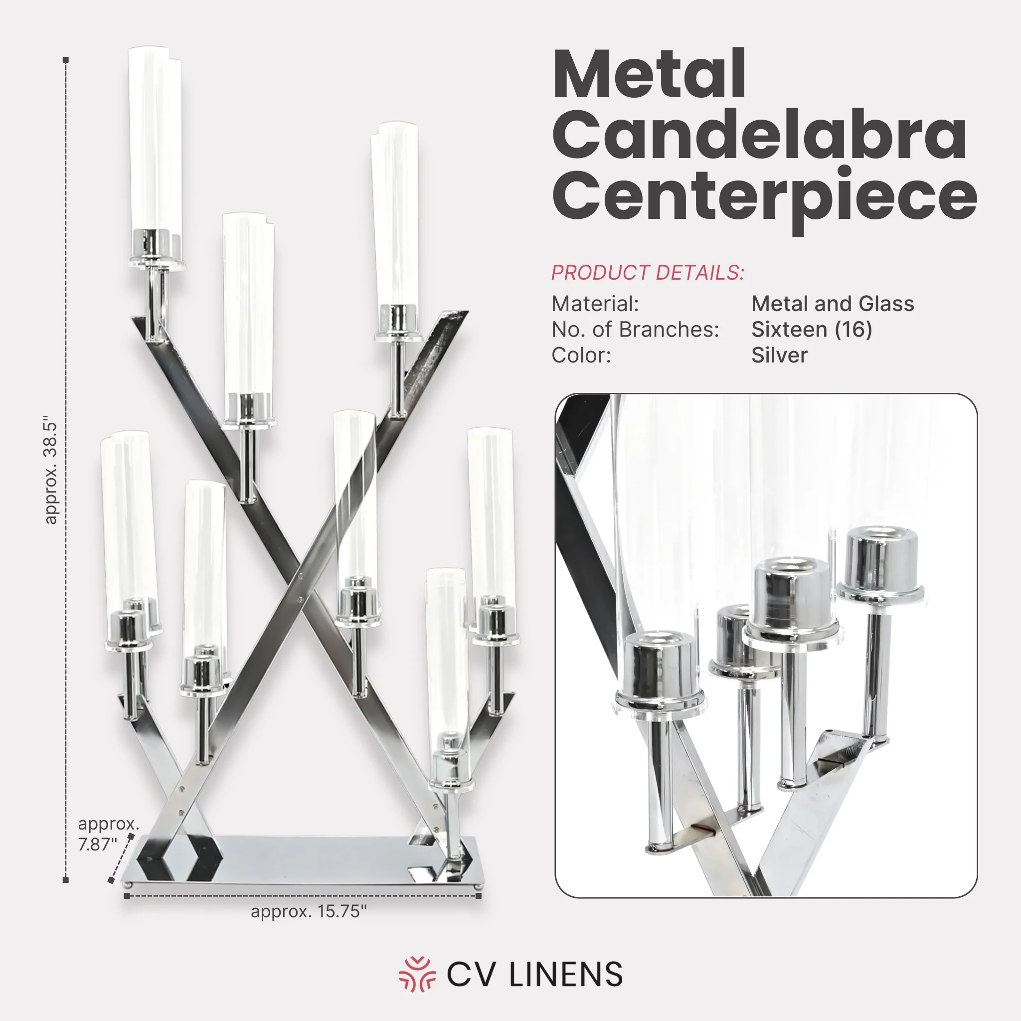16 Branches Silver Metal Candelabra Centerpiece - Image 2