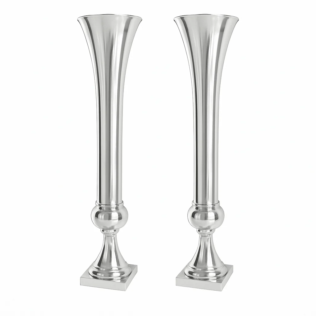 Set of 2 Metal Trumpet Centerpiece Vases - Silver