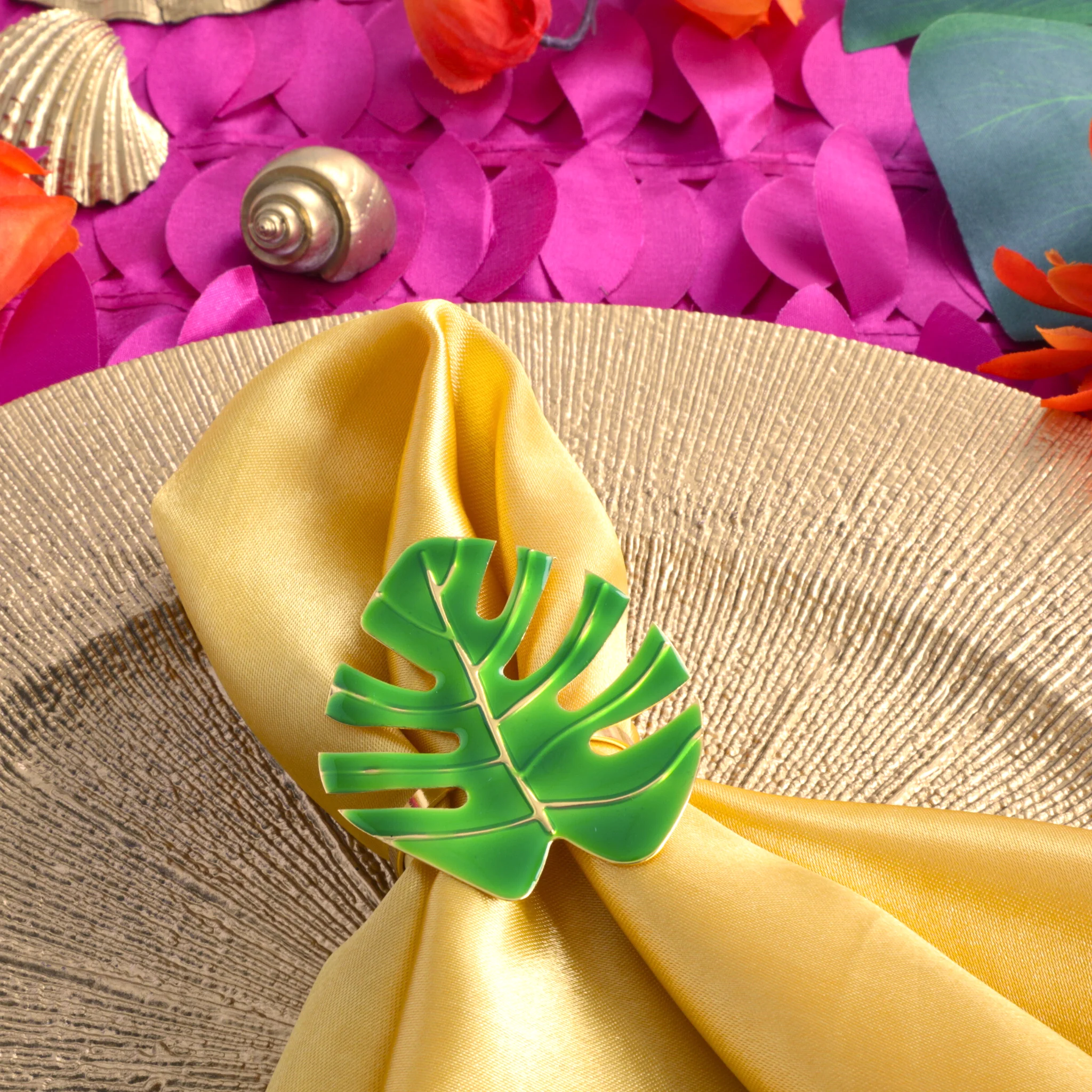 4 pc/pk Green Monstera Leaf Napkin Ring - Image 2