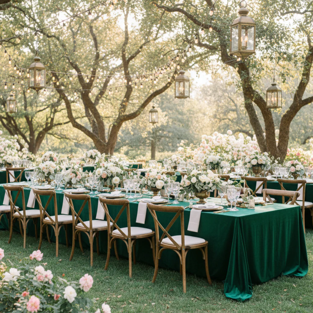Velvet King 108"x156" Rectangular Tablecloth - Emerald Green - Image 2