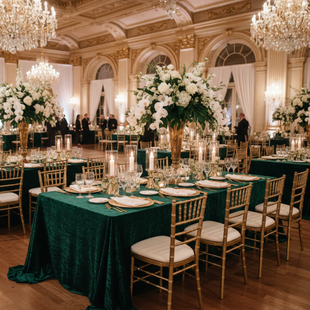 Velvet King 108"x156" Rectangular Tablecloth - Emerald Green - Image 4
