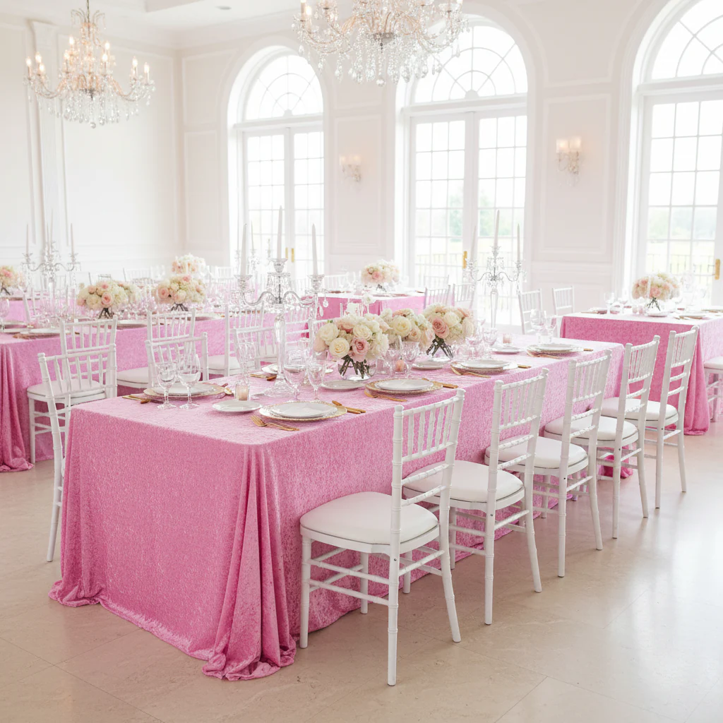 Velvet King 108"x156" Rectangular Tablecloth - Pink - Image 2