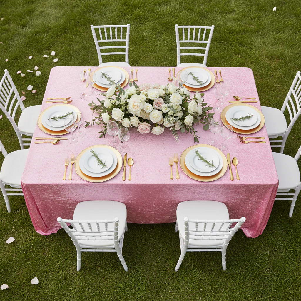 Velvet King 108"x156" Rectangular Tablecloth - Pink - Image 4