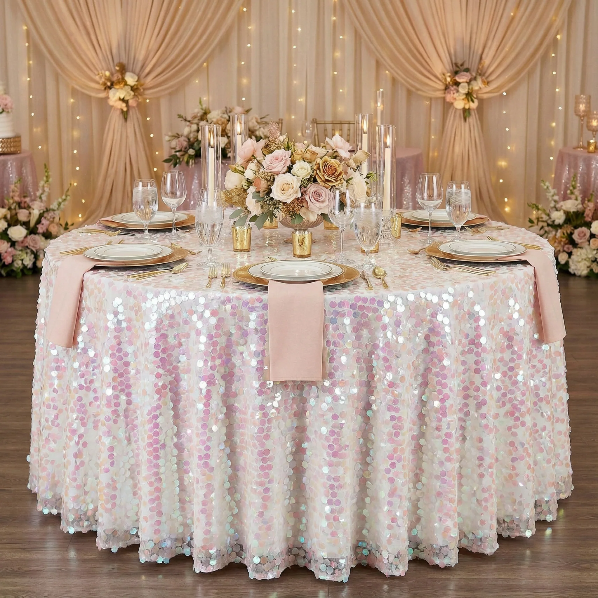 Large Payette Sequin Round 120" Tablecloth - Iridescent Pink - Image 2