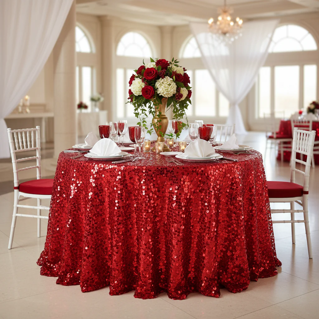 Large Payette Sequin Round 120" Tablecloth - Red - Image 3