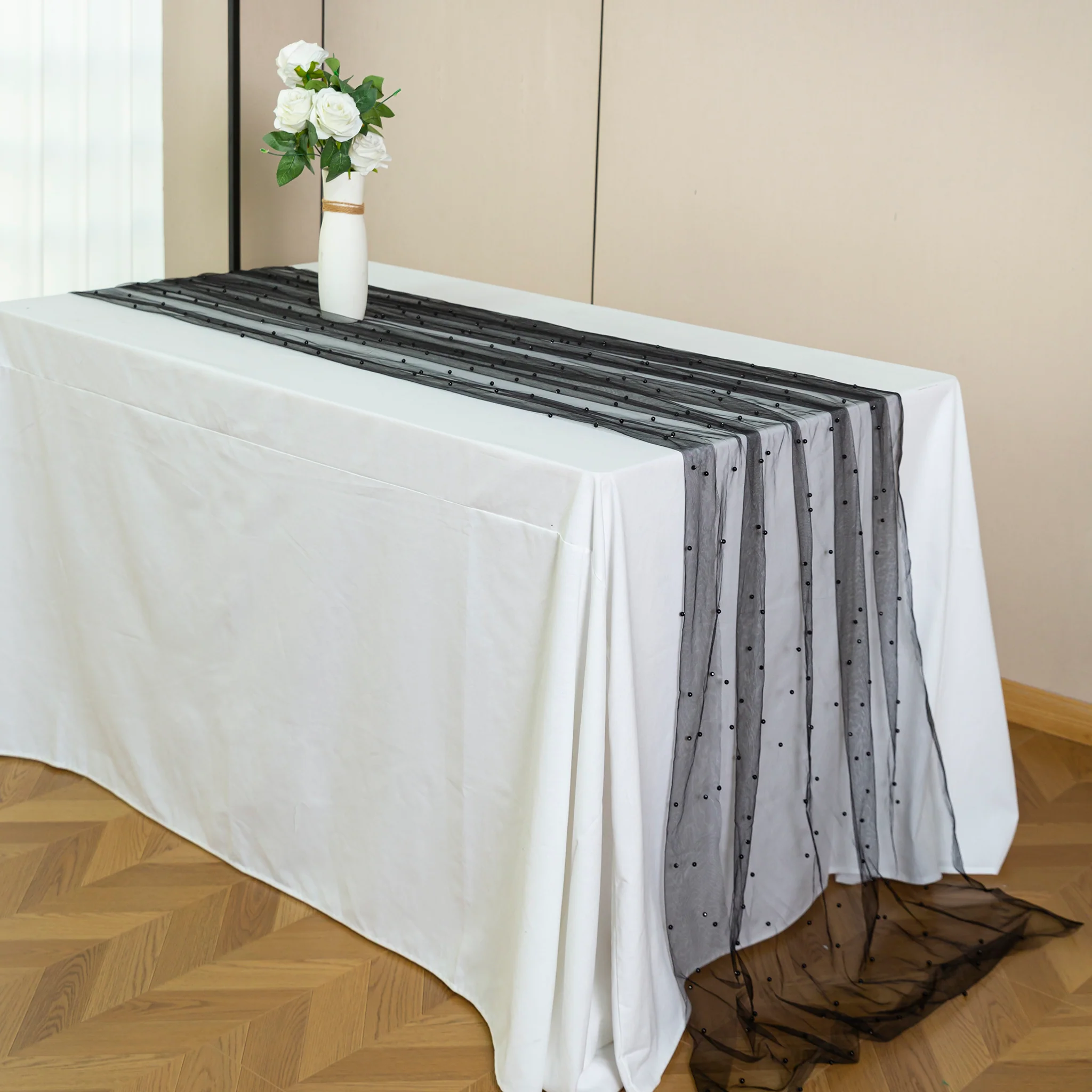 Pearl Tulle Table Runner 30" x 120" - Black