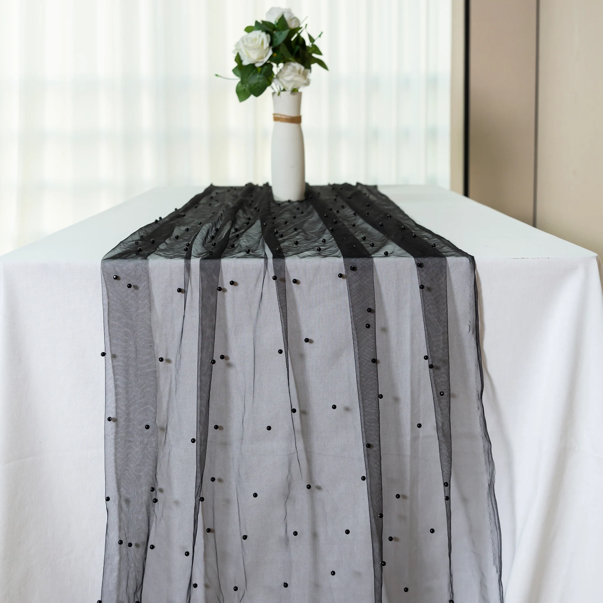Pearl Tulle Table Runner 30" x 120" - Black - Image 2